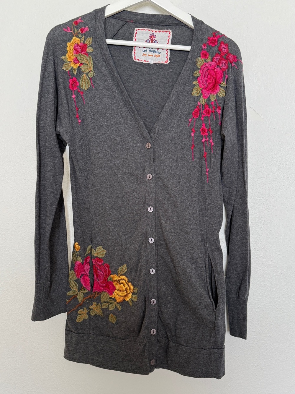 Johnny Was JW Los Angeles Embroidered Rose Longline Cardigan Gray S
